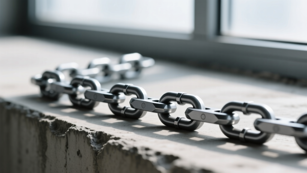 Grade 5 titanium box chain on concrete, showcasing rigid geometric links, matte gray finish, sharp angles, and industrial lighting