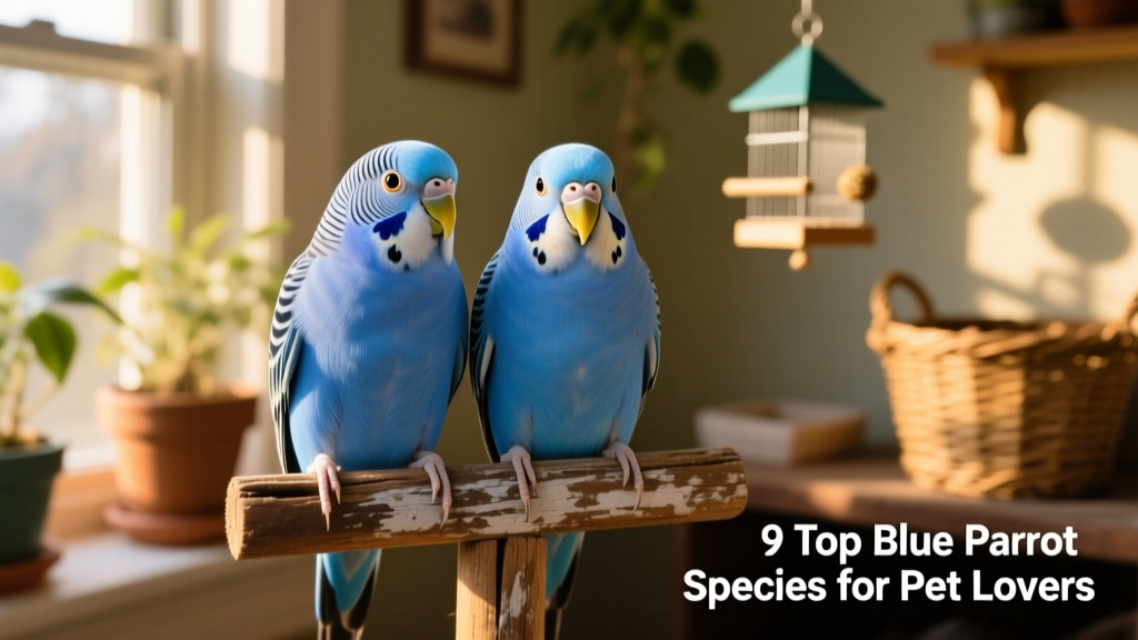 Two blue budgerigars perched side-by-side on a wooden perch, displaying smooth blue plumage and expressive eyes