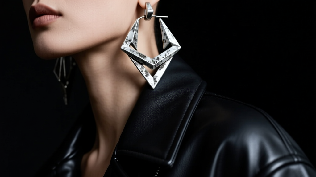 Oversized oxidized sterling silver geometric hoop earrings resting on a black leather jacket under moody, low-key studio lighting.