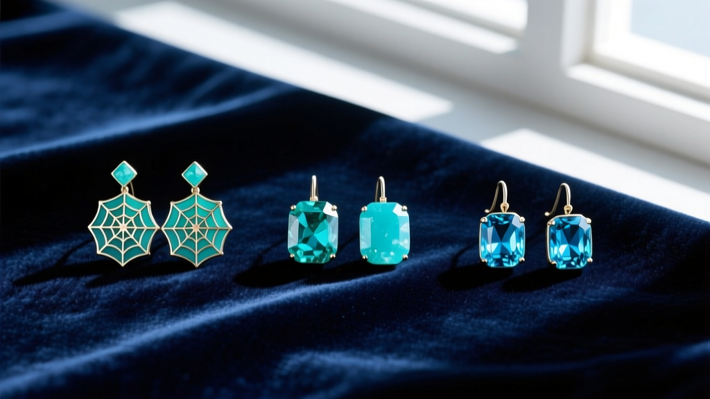Top-down flat lay of three turquoise color earring pairs on velvet, showing matrix variations from spiderweb to clear blue stones