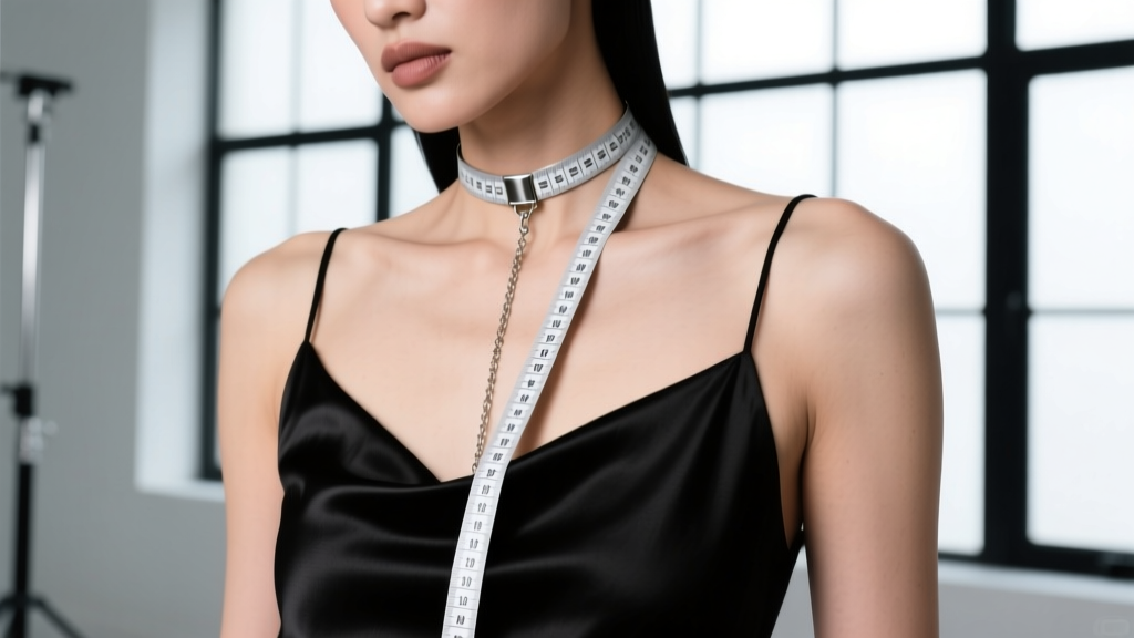Measuring tape draped from a collarbone choker down the chest to find the exact drop length for a custom body chain harness fit