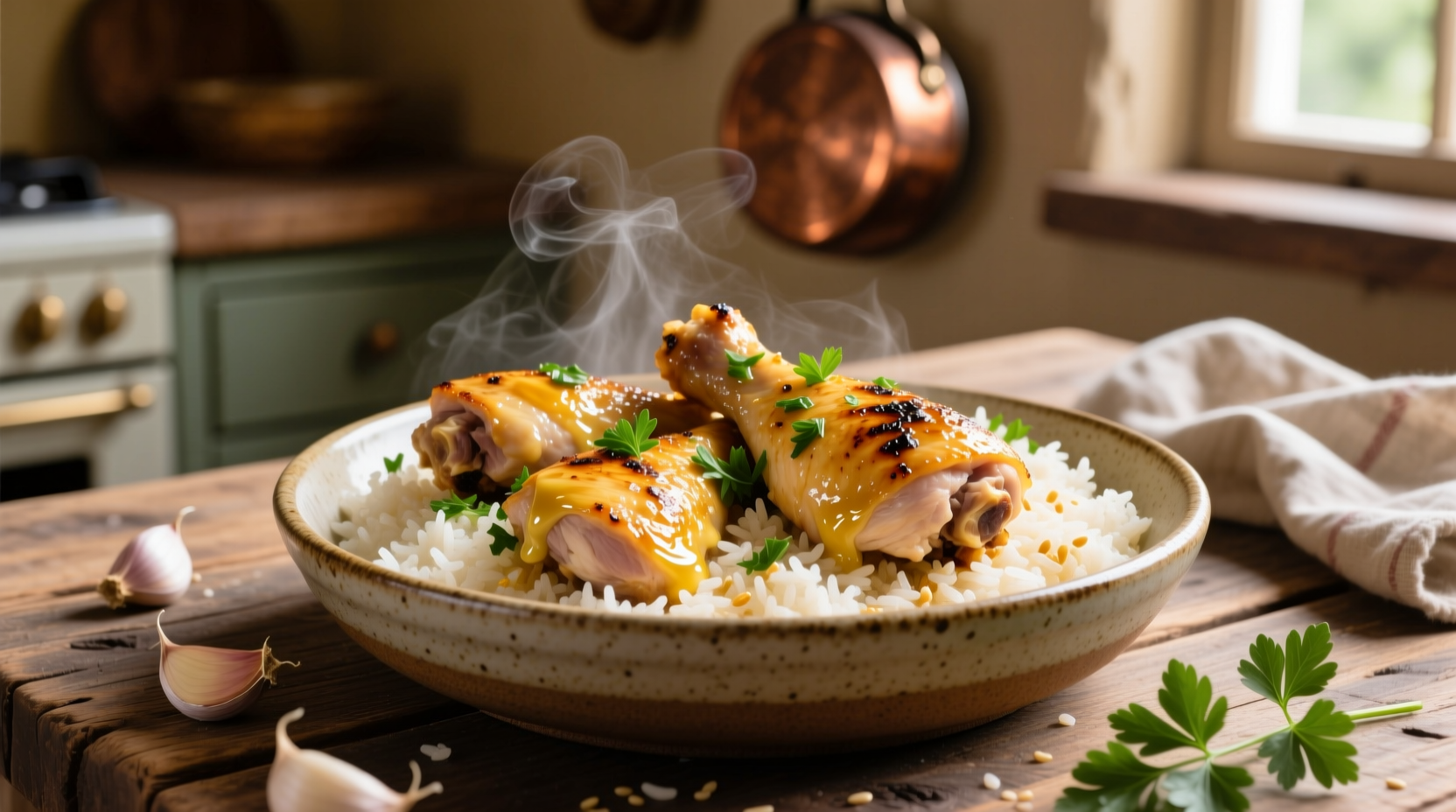 Golden garlic chicken thighs with steamed rice