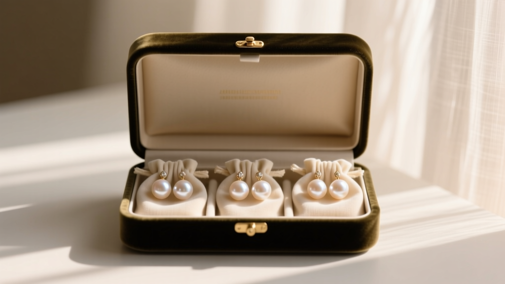 Open velvet jewelry box displaying pearl earrings nestled in individual anti-tarnish cloth pouches, lit by warm ambient light.