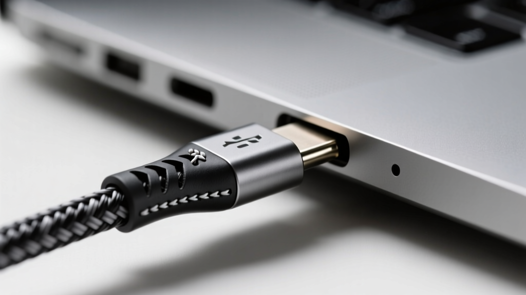 Macro shot of a braided Kevlar USB-C cable plugged into a laptop, highlighting the reinforced strain relief collar