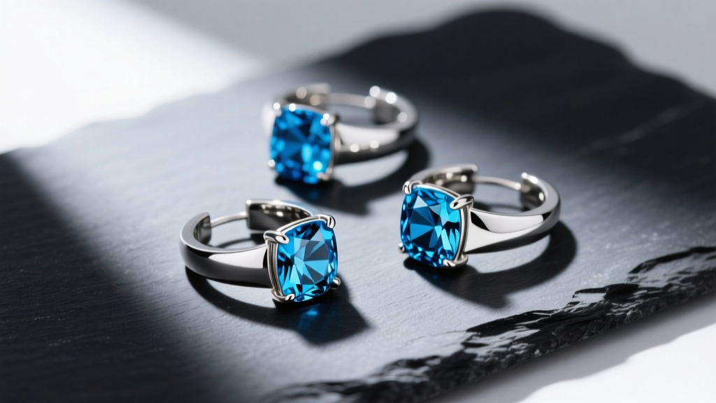 Flat lay of sterling silver and blue topaz ear cuffs on dark slate, showcasing modern cartilage styling trends