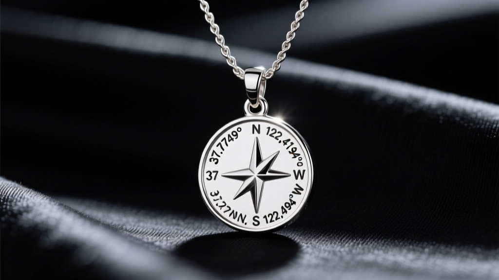 Macro shot of a platinum coordinate pendant engraved with latitude and longitude, hanging from a 1.5mm rope chain on dark silk.