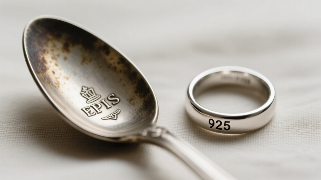 Macro shot of a faded EPNS hallmark stamped on a vintage silver-plated spoon, contrasting with a crisp 925 stamp on a modern ring.