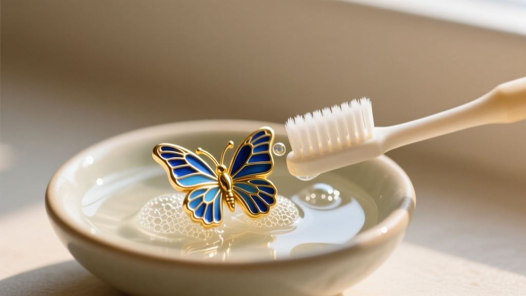 Soft-bristled toothbrush gently cleaning a gold butterfly pendant with blue enamel wings in a small bowl of mild soapy water