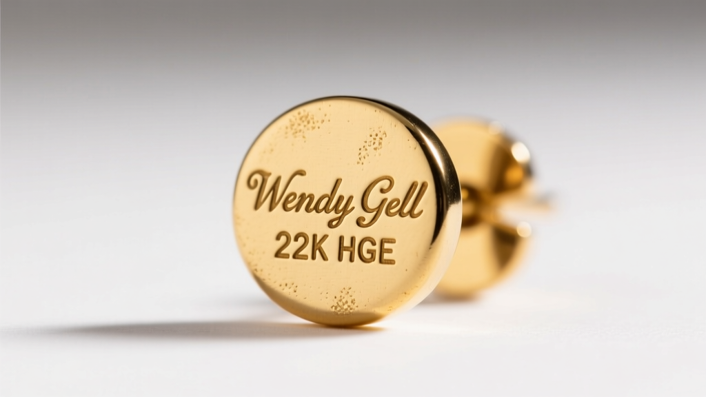 Close-up of the back of a vintage Wendy Gell earring showing the stamped hallmark reading WENDY GELL and 22K HGE in gold metal