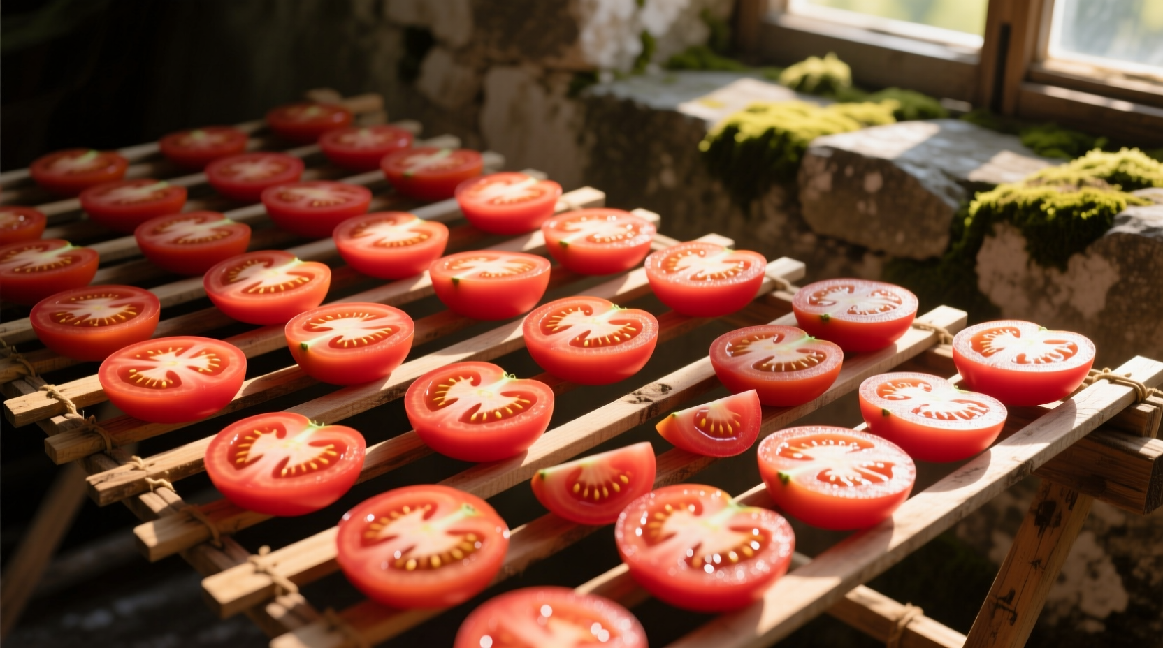 Tomato slices arranged on drying rack in sunlight