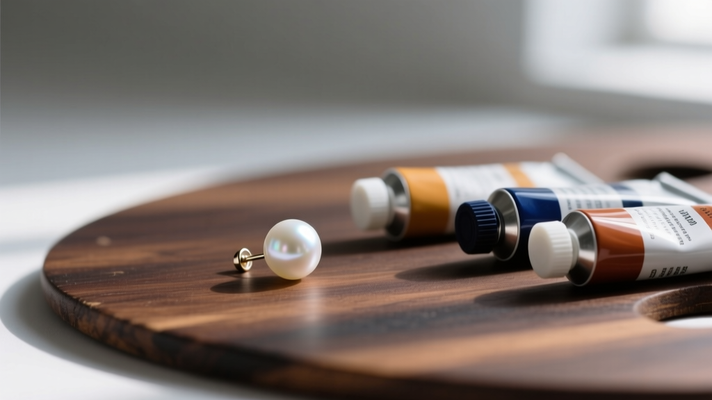 A 10mm white freshwater pearl stud earring resting on a dark wooden painter palette next to oil paint tubes in soft window light.