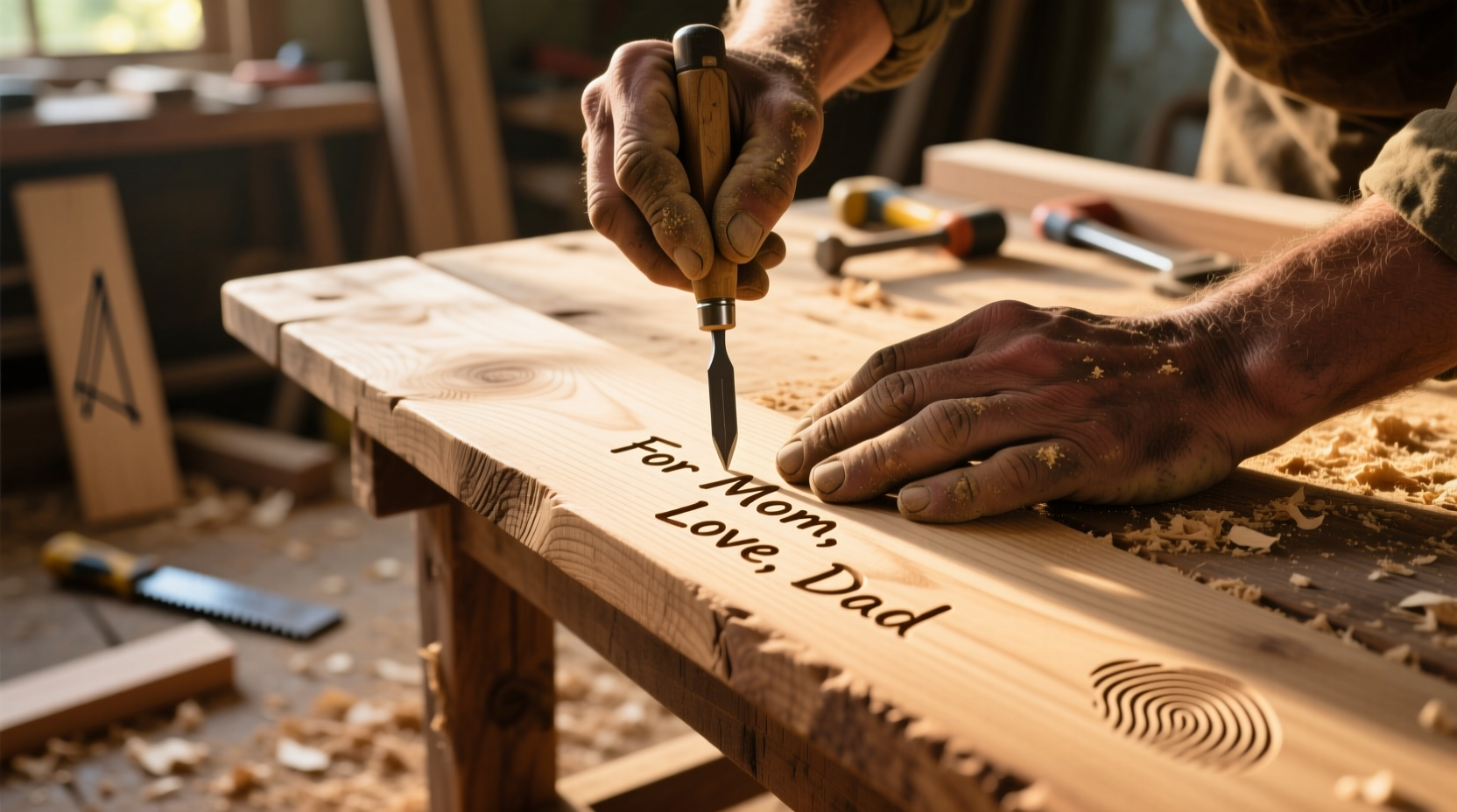 Woodworking hands adding personalized engraving to table edge