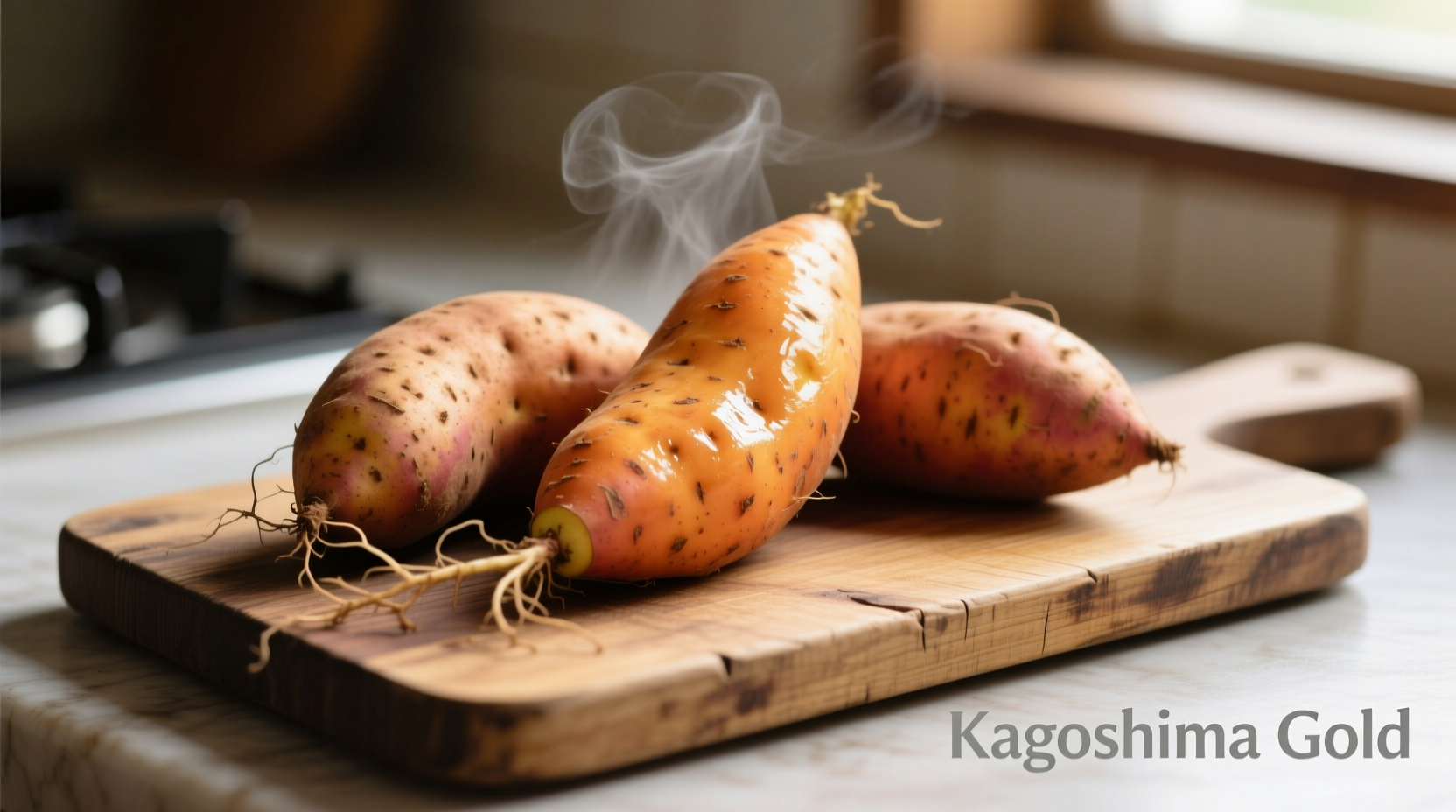 Fresh Japanese sweet potatoes on wooden cutting board