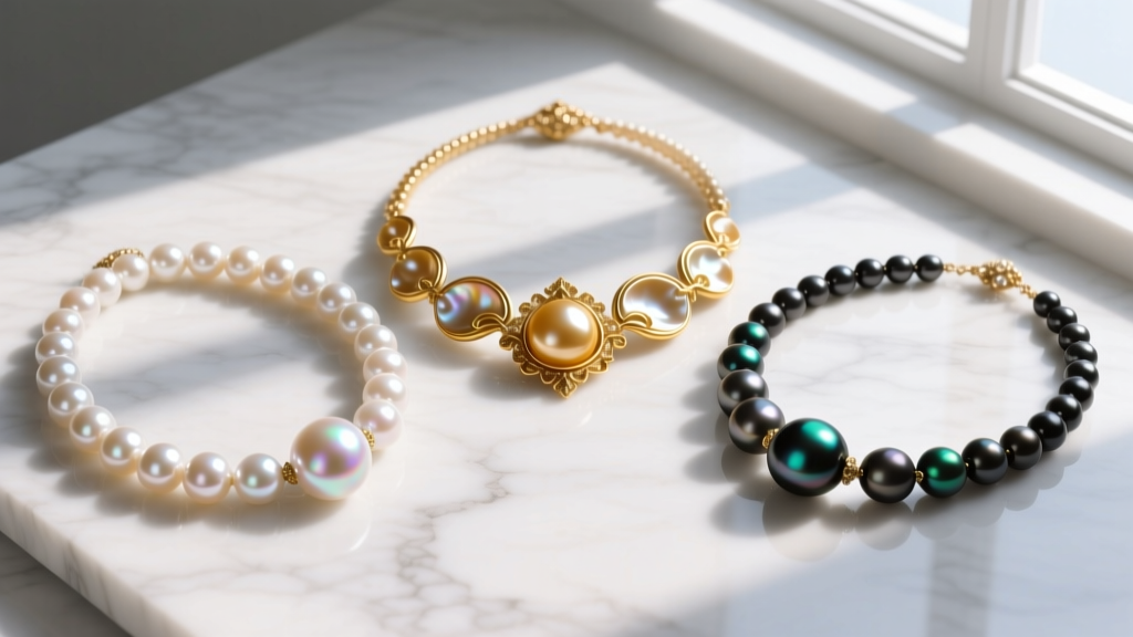Overhead flat lay of three baroque pearl necklaces showing freshwater, golden South Sea, and Tahitian varieties on white marble.
