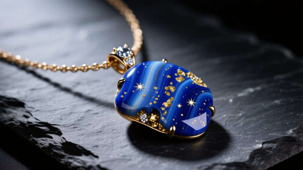 Close-up of a blue lapis necklace pendant with golden pyrite flecks on dark slate under soft directional studio lighting.