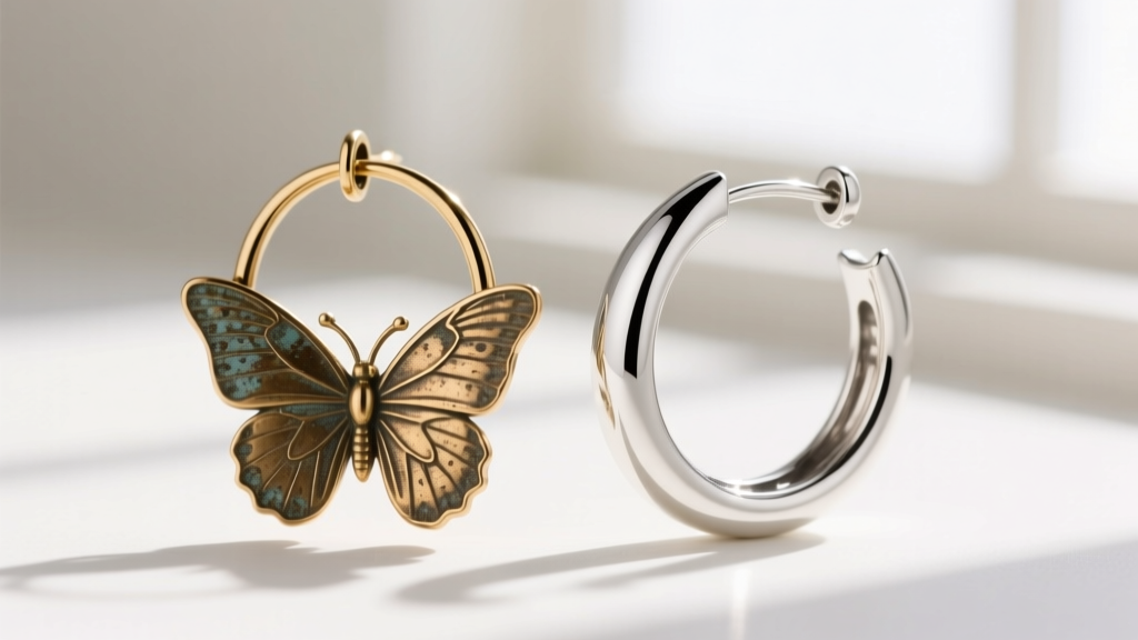 Macro comparison of a tarnished brass butterfly hoop and a pristine 925 sterling silver vermeil butterfly hoop earring
