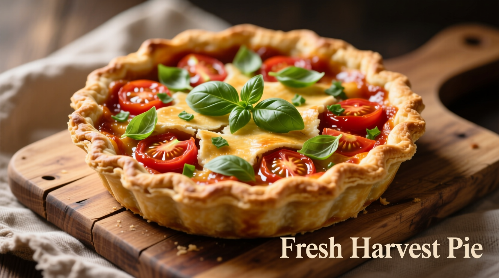 Golden tomato pie with fresh basil garnish