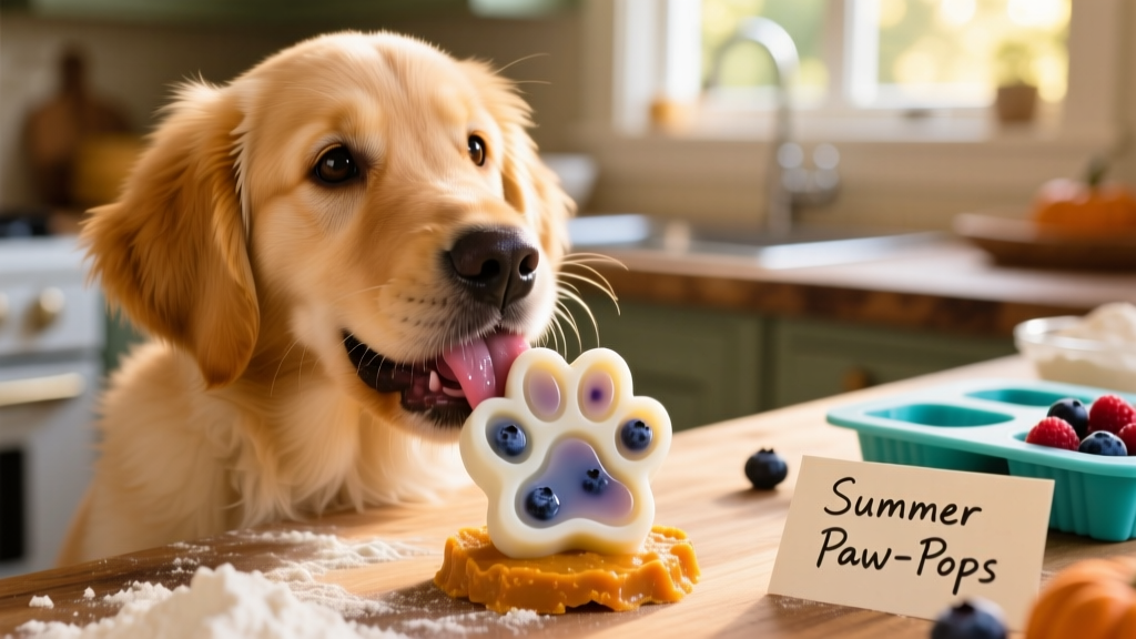 Close-up of a dog happily licking a freshly unmolded paw-shaped treat