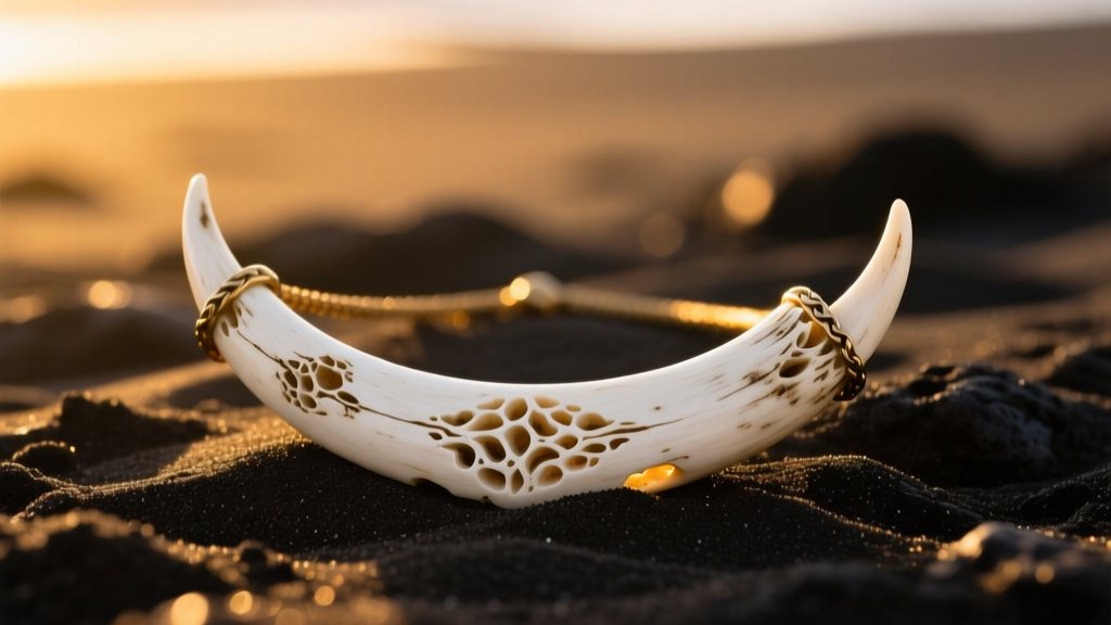 Hand-carved white cattle bone Maui hook necklace resting on dark volcanic sand, illuminated by warm golden hour sunlight