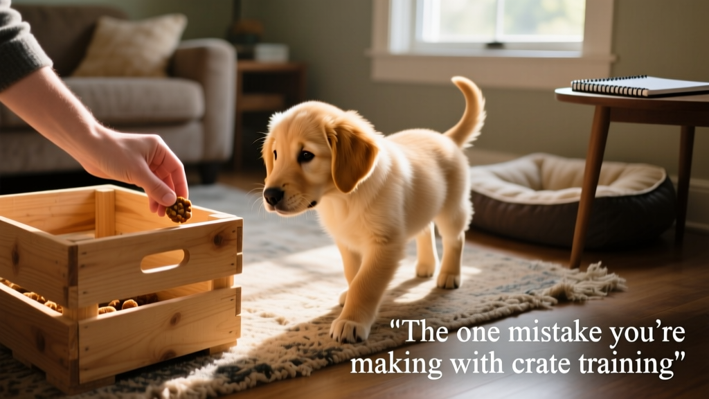 A hand placing a treat just inside the open crate while a curious puppy approaches