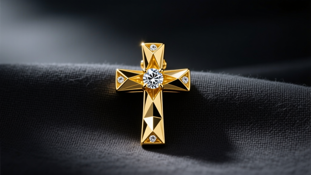 18k yellow gold diamond-cut cross pendant resting on dark charcoal linen under soft, moody directional studio lighting setup