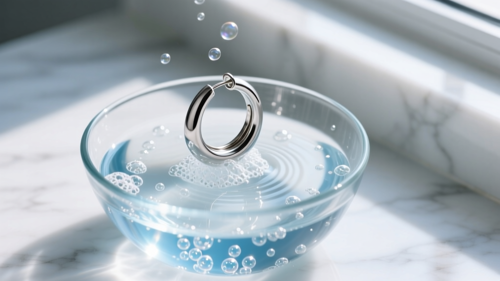 Overhead view of an ultrasonic jewelry cleaner vibrating a stainless steel hoop earring in a soapy water bath with tiny bubbles.