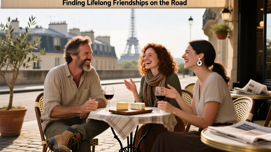 Nomadic Matt sitting with two female friends at a table having wine and cheese in Paris, France
