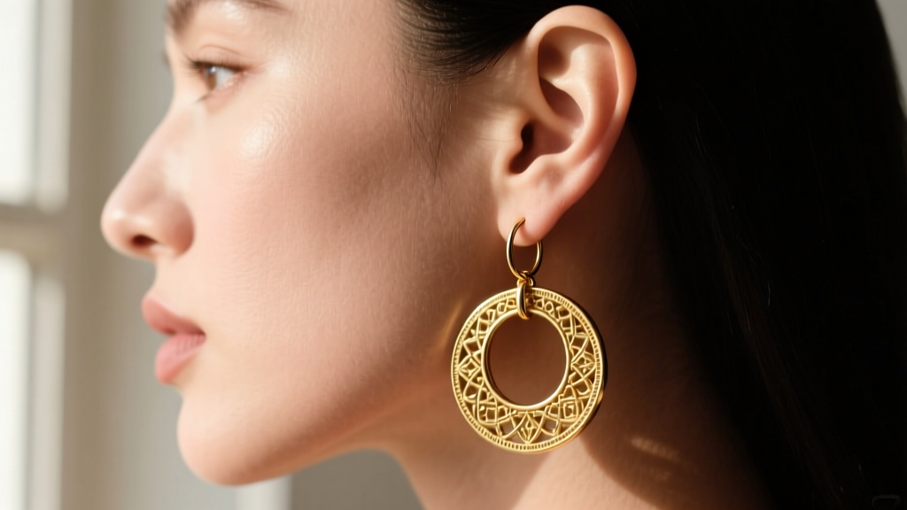Side profile of an earlobe wearing a heavy gold boho coin earring on a thick 16-gauge wire, showing support for heavy jewelry