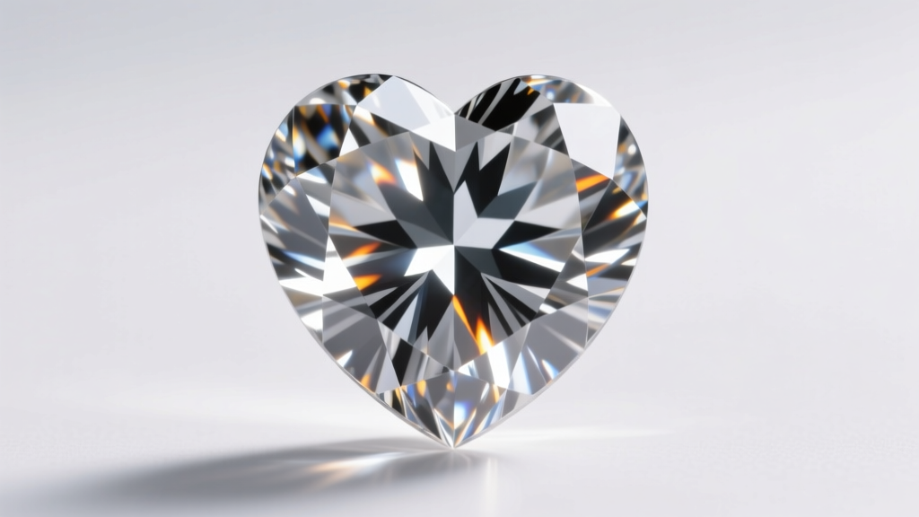 Macro photo of a loose heart shape diamond showing perfect symmetry, deep cleft, and rounded wings under bright jeweler lights.