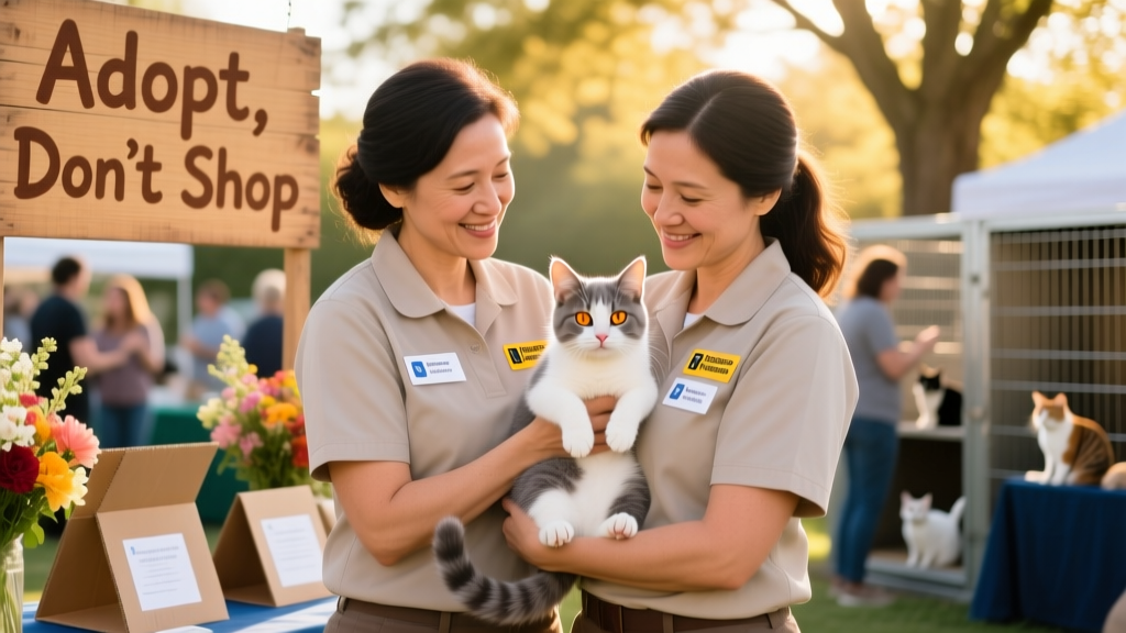Two shelter staff members gently holding a friendly-looking mixed-breed kitten during an adoption event
