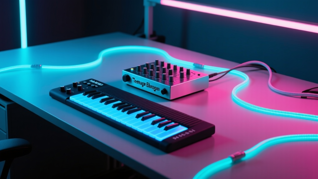 Dimly lit studio desk featuring a Teenage Engineering TX-6 mixer, ROLI Seaboard, and glowing patch cables under neon bias lighting.