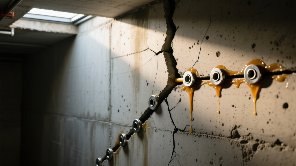 Close-up of a concrete foundation wall with a diagonal crack being sealed using epoxy injection ports in a dimly lit basement.