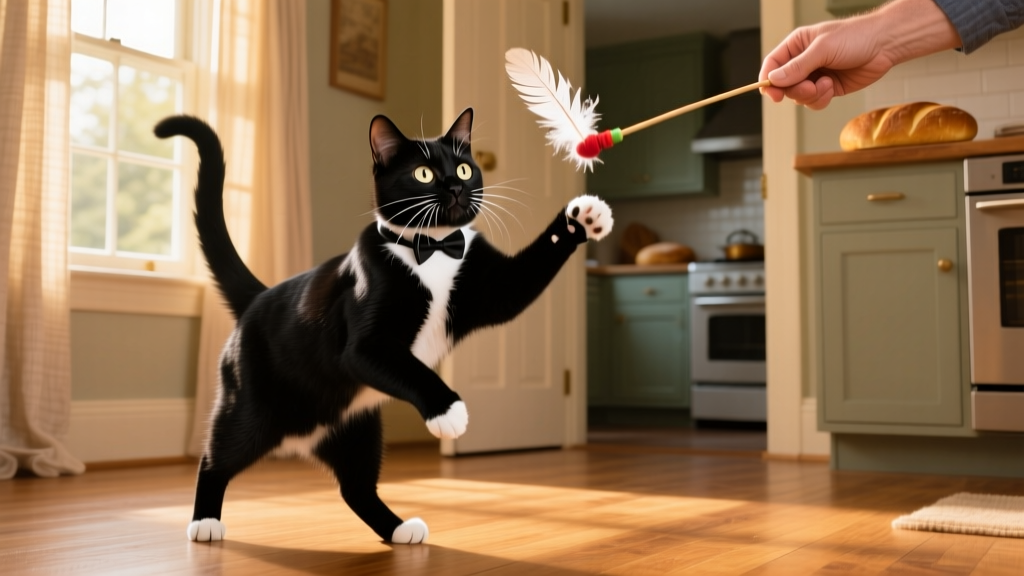 Tuxedo cat batting at a feather wand toy during playtime, tail held high with excitement