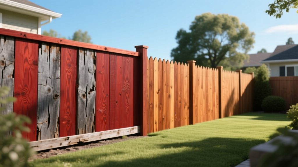Side-by-side installation of weathered redwood privacy panels and freshly stained pressure-treated pine picket fencing in a sunny suburban backyard