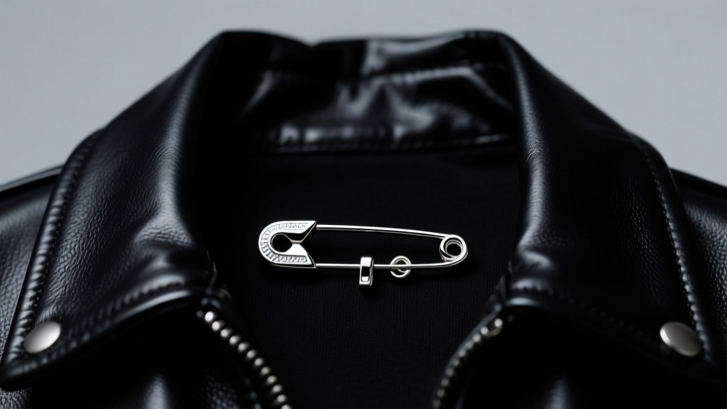 Sterling silver safety pin pendant on a black leather jacket collar, moody studio lighting highlighting the heavy metal texture.