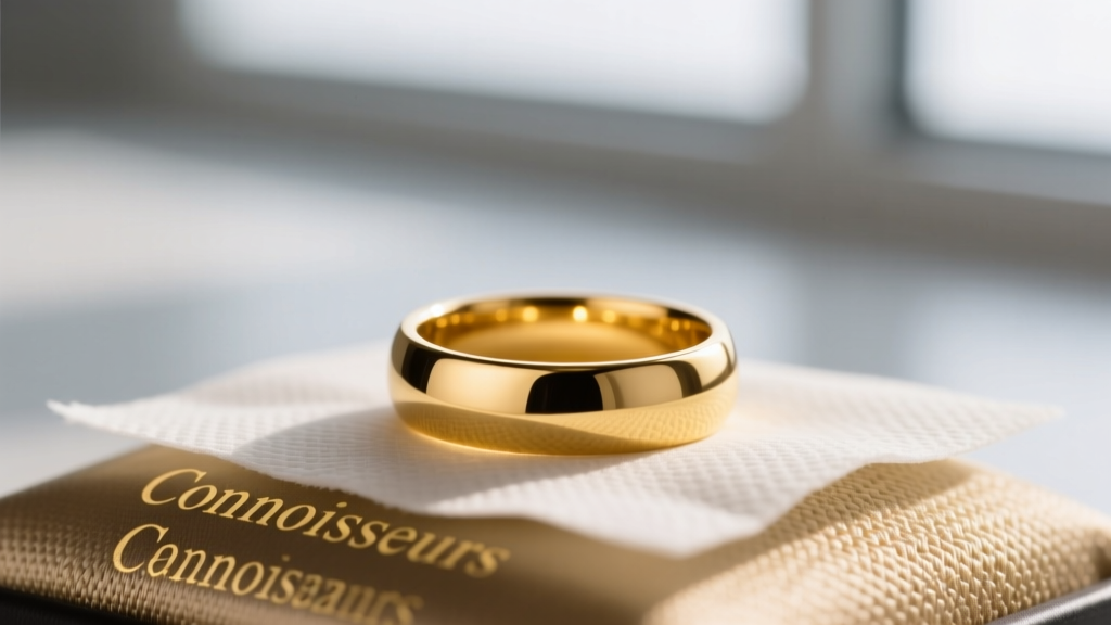 Macro shot of a 14k yellow gold ring resting on a Connoisseurs cleaning wipe, showing fabric texture and warm gold reflections.