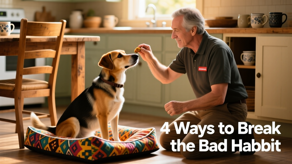 A trainer guiding a dog to settle on a colorful dog bed positioned beside a dining chair, using a treat as positive reinforcement