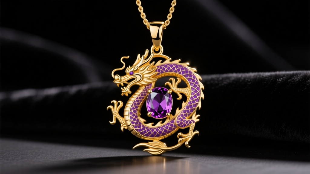 Gold vermeil pendant with purple enamel dragon motif and amethyst gem on dark velvet under warm studio lighting