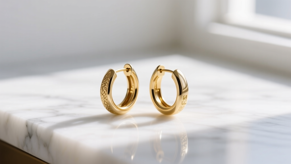 Macro photography of minimalist gold vermeil RLL huggie earrings on a white marble surface, catching soft morning window light.
