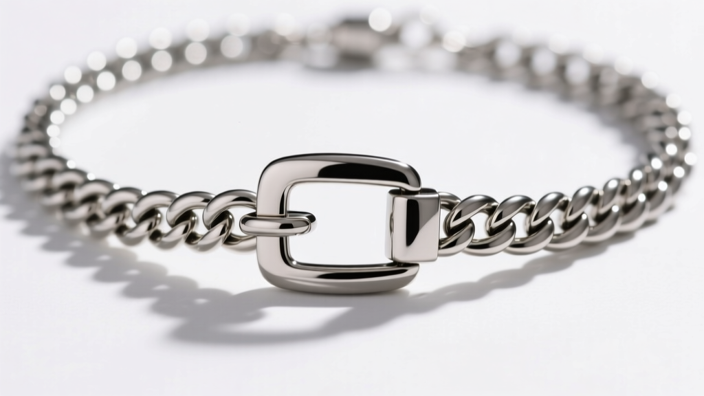 Macro shot of a steel buckle necklace, showing 4mm curb links and a heavy lobster clasp mechanism against a clean white backdrop.