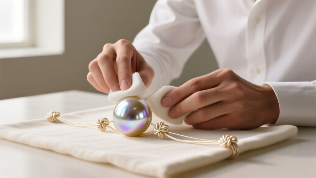 Jeweler wiping a large saltwater pearl with a soft cloth, carefully avoiding the delicate silk knots on a clean mat.