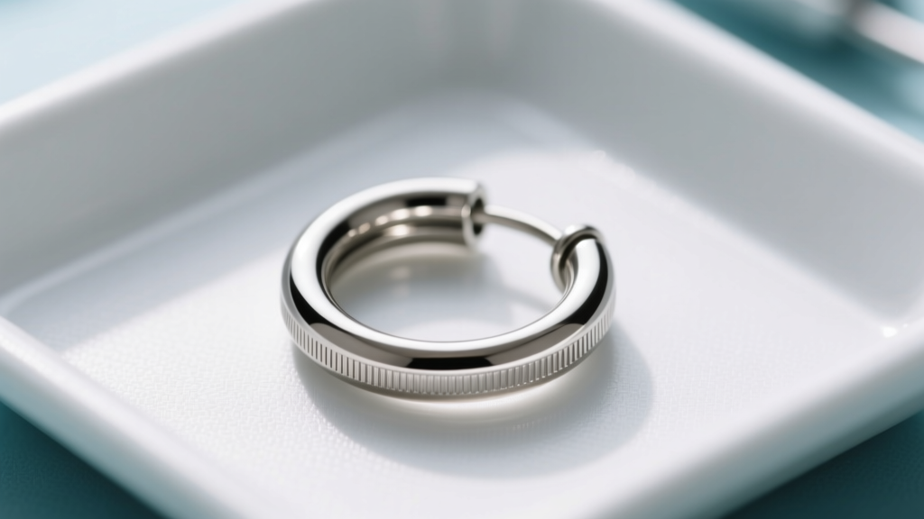 Macro shot of an ASTM F136 titanium huggie hoop earring with a seamless click-closure, resting on a clean, bright medical tray.