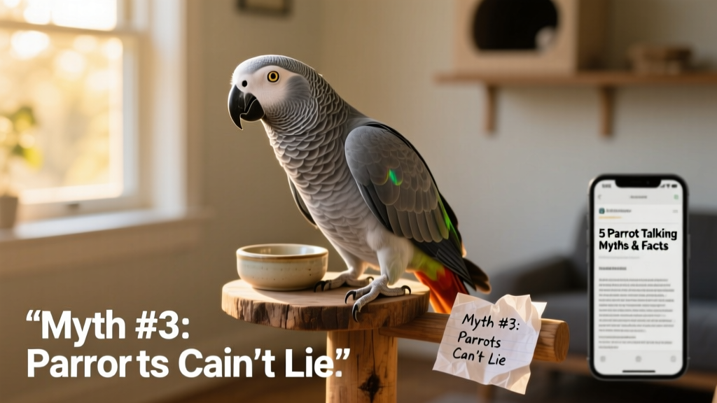 A vibrant African grey parrot perched confidently on a wooden stand, head tilted attentively