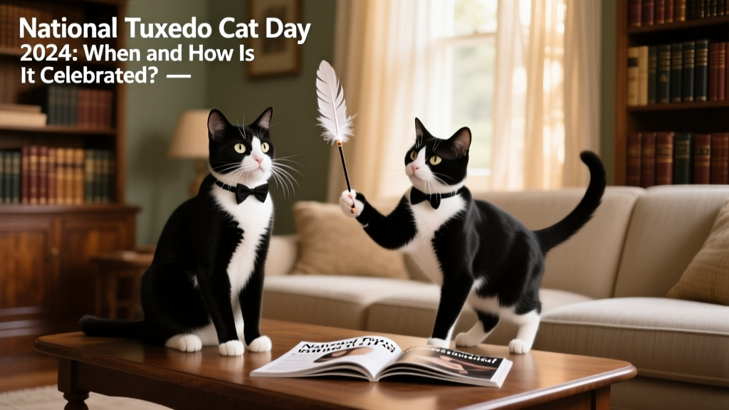 Two tuxedo cats side-by-side—one sitting upright, the other playfully batting at a feather wand—against a softly lit living room backdrop
