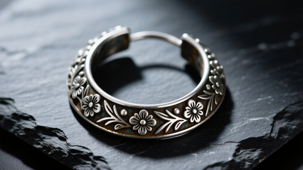 Macro shot of an oxidized 925 sterling silver tribal Indian hoop earring on dark slate, highlighting floral engraving.