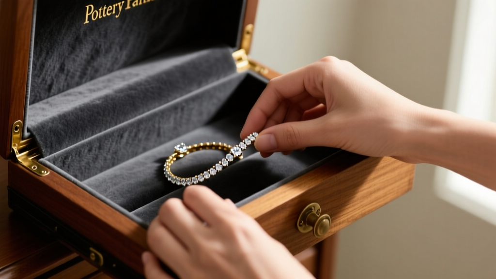 Hands placing a diamond bracelet into a dark gray anti-tarnish velvet drawer of a wooden Pottery Barn jewelry chest