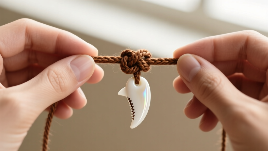 Hands tying a sliding square knot on a 1mm brown waxed cotton cord, securing a small white great white shark tooth pendant.