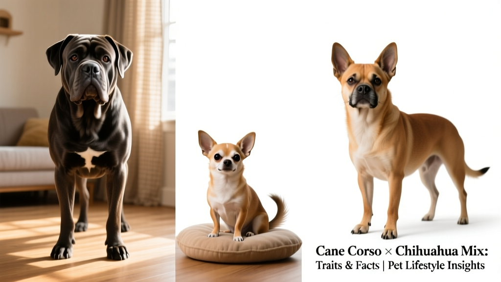 Side-by-side comparison showing physical differences between a purebred Cane Corso, a purebred Chihuahua, and a well-proportioned Corso-Chi adult