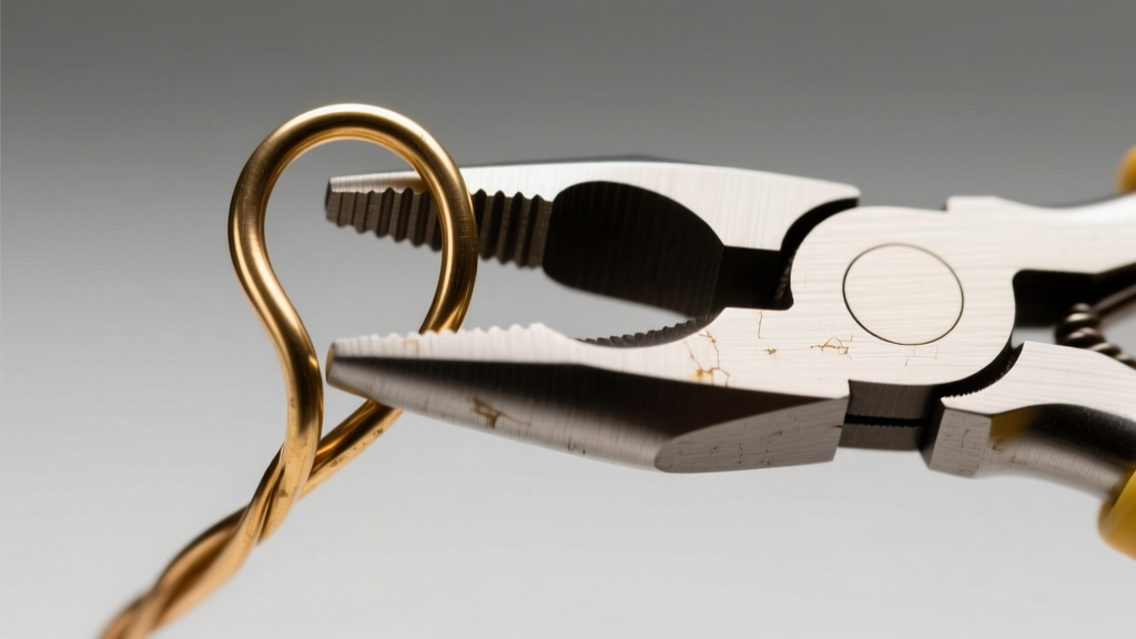 Close-up macro shot of 20-gauge raw brass wire being looped into an ear hook using round-nose pliers under bright studio lighting