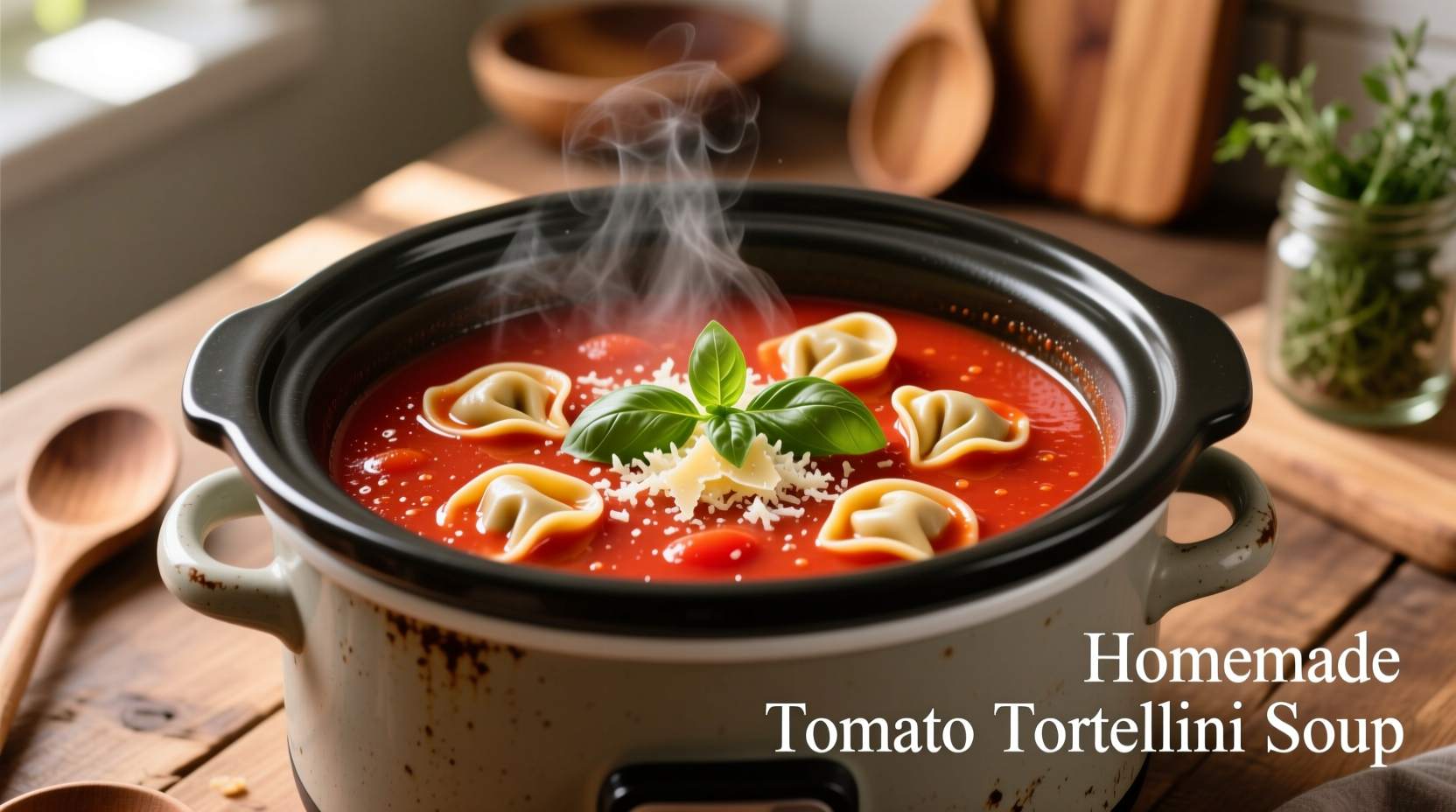 Slow cooker filled with vibrant red tomato tortellini soup